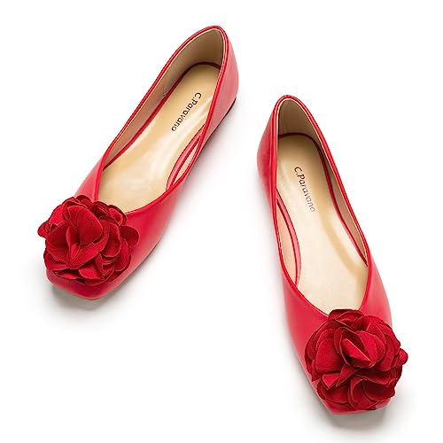 Image of C.Paravano Ballet Flats for Women | Women's Flats | Square Toe | Slip On Dress Shoes | Satin Flower Shoes