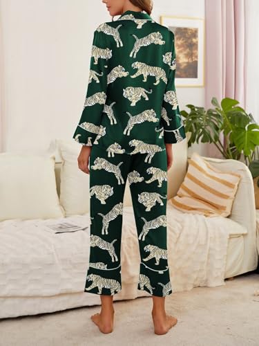 Brosloth Womens Satin Button Up Pajamas Long Sleeve Soft Silk Pajamas Sets Cute Tiger Print 2 Piece Loungewear Dark Green S