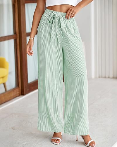 BTFBM Pants for Women 2026 Spring Clothes Striped High Waist Tie Knot Dressy Casual Wide Leg Palazzo Work Trousers Pants(Green, Medium) — view 2
