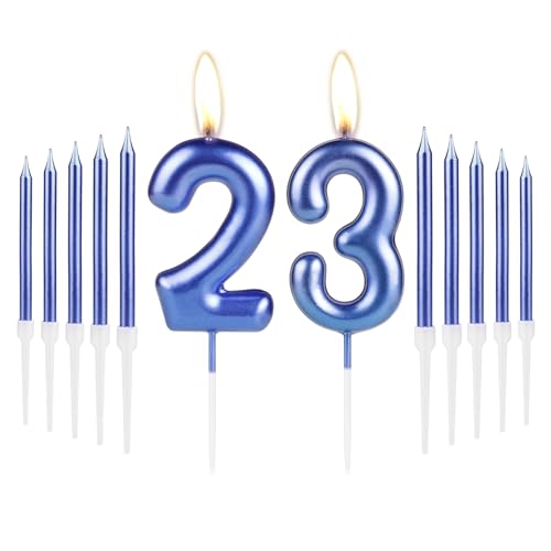 Metallic Royal Blue 23th Birthday Number Candles Set,Pearlescent Thin Pencil Cake Candles for 23 Year Old Birthday Party Decorations