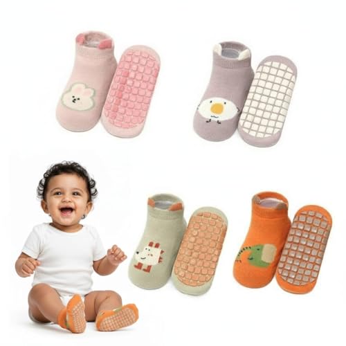 Image of TONY STARK BABY 4 Pairs Ultra-Soft Cotton Socks Set, Antislip Socks for New Born Babies 0-3 Years, Non Slip Grip Ankle Socks with Non Skid Soles for Infants Baby Shower Gifts - Random colors