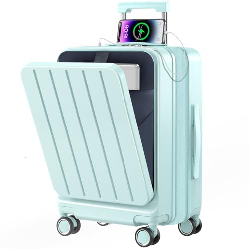 [Atzone Ginza] スーツケース 拡張機能付き キャリーケース フロントオープン 軽量 キャリーバッグ 大容量 超軽量 USBポート付き カップホルダー付き 隠しフック機能 ファスナータイプ 静音 ダブルキャスター TSAローク海外 キャリー ケース 人気 おしゃれ 旅行 ビジネス 出張 入院 (グリーン, Sサイズ機内持込OK /42L(1～3泊))のサムネイル