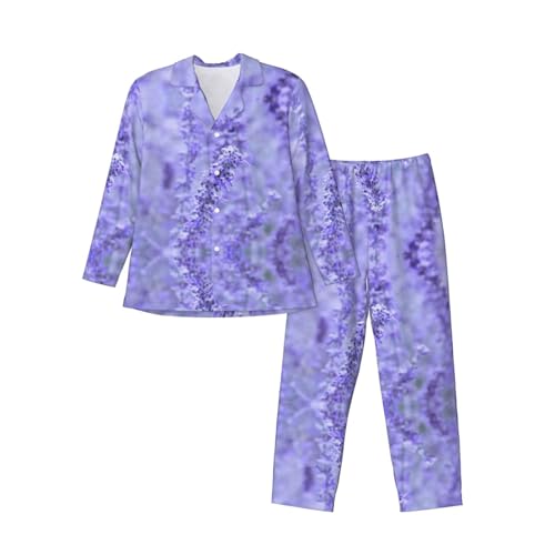Pyjama long violet pour homme en coton doux avec imprimé lavande et poches