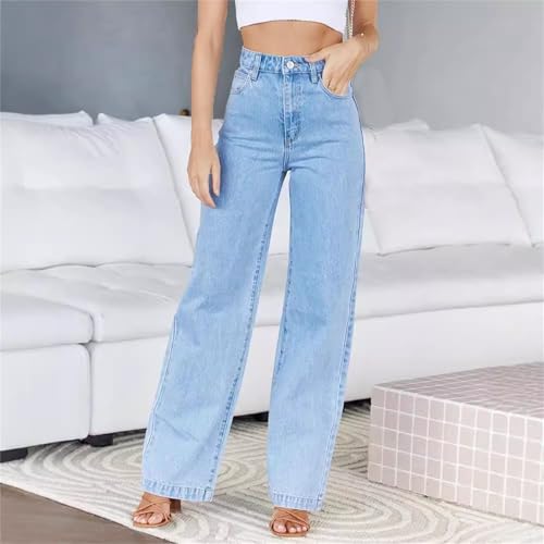 Women's High Waisted Elastic Jeans Trendy Straight Leg Baggy Jeans Welt Pockets Wide Leg Denim Pants4