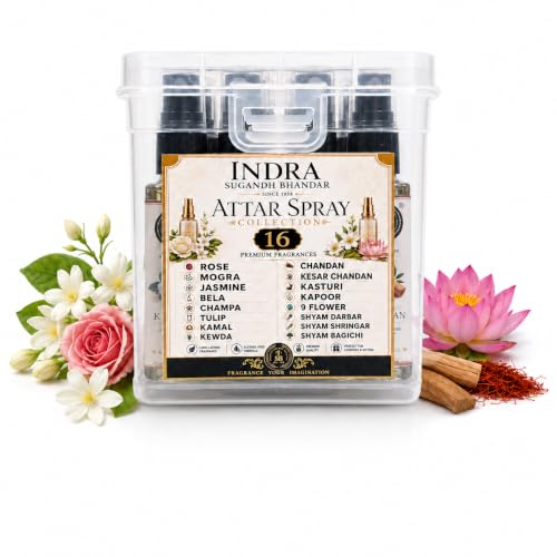 Image of INDRA SUGANDH BHANDAR Luxury Perfume Attar Spray For Pooja 10ml x 16pc Set Total 160ml 100% Alcohol Free Attar Perfume For Pooja, Worship, Namaz or Personal Use /Long Lasting Natural Perfume / 0% Alcohol