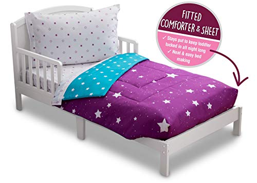 Delta Children 4 Piece Toddler Bedding Set for Girls - Reversible 2-in-1 Comforter - Includes Fitted Comforter to Keep Little Ones Snug, Bottom Sheet, Top Sheet, Pillow Case - Purple Stars Night - image 4