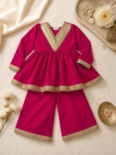 Image of JAGGU Girls Ethnic Kurta Palazzo Set | Kids Traditional Dress | Full Sleeve Peplum Kurti with Wide Leg Palazzo | Festive, Wedding & Party Outfit for Girls (Hot pink)