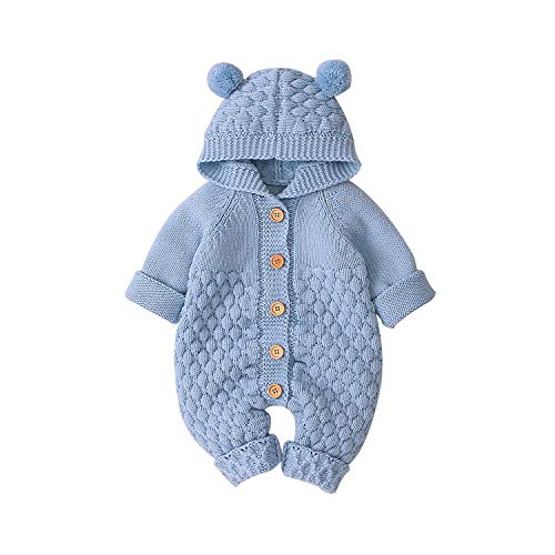 Newborn Baby Winter Outfit Knitted Sweater Romper Infant Boy Girl Hooded Jumpsuit Warm Clothes Set (Blue Hoodie Romper,6-12 Months)