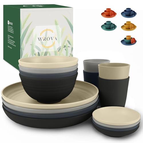 Wrova Plates and Bowls Sets 16 PCS Dinner Set - Unbreakable Dishes Sets for 4 | Plastic Plates Sets for Camping - Dishwasher Safe and Freezer Safe Dishes. Black & Grey