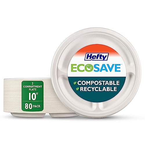 Hefty™ ECOSAVE Compostable Disposable 3-Compartment Paper Plates Dinner 10", 80 Count, White, Divided Plate so sauces and Foods Stay Where You Want Them to by Hefty - Used condition - CA$22.39