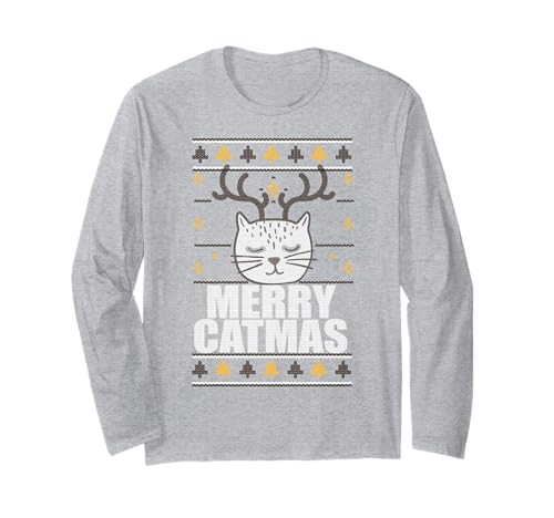 Merry Catmas Brutto maglione natalizio con renna gatto meme divertente Maglia a Manica