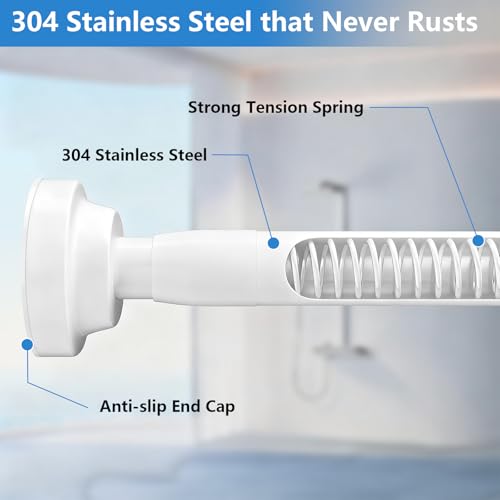 Image of Umimile Shower Curtain Rod, 1 Inch Diameter Adjustable Spring Tension Curtain Rod, 304 Stainless Steel Shower Rod for Bathroom, Windows, Never Rust Non-Slip (White, 42-70 inch)