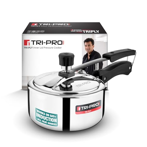 Image of Tripro Triply Stainless Steel Inner Lid Pressure Cooker, 2 Litres Pressure Cooker, Even Heat Distribution, Bakelite Sturdy Handle, Healthy Cooking, Easy to Clean - Induction and Gas Stove Ready