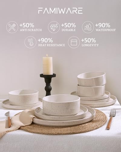 Image of Famiware Nebula 16-Piece Plates and Bowls, Creamy White | Reactive Glaze Dinnerware Set with Pasta Bowls, Service for 4 - Chip & Scratch Resistant, Microwave & Dishwasher Safe