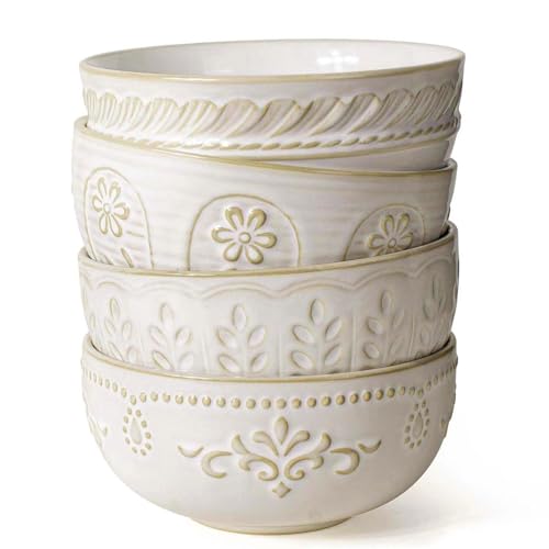 Artena Soup Bowls 32 OZ, Cereal Bowls Set of 4, Embossment Ceramic Ramen Bowl, 6.3 Inch White Salad Bowls, Large Dinner Bowl for Pho, Noodle, Pasta, Snack, Dishwasher Microwave Safe, Multipl
