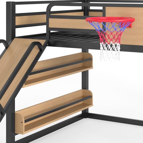 Image of Bellemave Full Over Full Bunk Beds for Kids with Slide, Basketball Hoop & Climbing Wall, Heavy Duty Metal Full Size Bunk Bed with Guardrails, Low Bunk Bed for Bedrooms, No Box Spring Needed, Yellow
