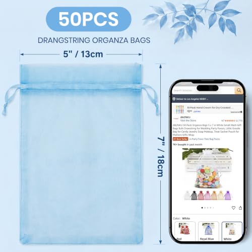 Image of ANZNKU 50 Pack Organza Bags 5 x 7 in Sky Blue Small Mesh Gift Bags Bulk Drawstring for Wedding, Little Goodie Bag for Party Favor Candy Jewelry Soap Makeup, Treat Pouch for Baby Shower Graduation