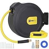 WYNNsky Retractable Air Compressor Hose Reel, 3/8 Inch × 50 Feet Hybrid Hose, Universal Coupler and Industrial Plug, 1/4 Inch Body, 1/4 Inch NPT, Swivel Mount Bracket