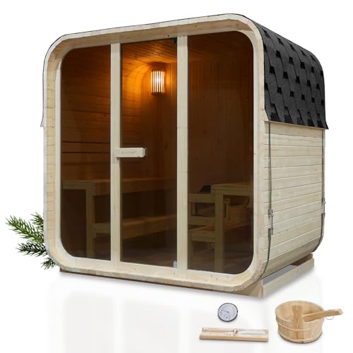 Artsauna Fasssauna Fjora, Outdoor-Sauna aus Fichtenholz für 6 Personen, 9 kW Ofen, LED-Beleuchtung & Zubehörset mit Sanduhr & Eimer
