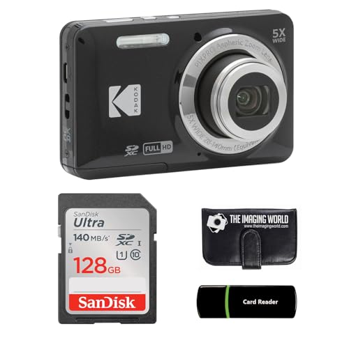 Kodak PIXPRO FZ55 Black 16MP Digital Camera 5X Optical Zoom 28mm Wide Angle 1080P Full HD Video 2.7' LCD Camera + 128GB Card and Reader + Memory Wallet