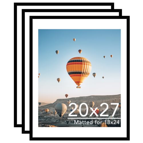 Image of JCJMY 20x27 Picture Frame Set of 3 with 18x24 Mat, Black 20 x 27 Poster Frames with Shatter Resistant Plexiglass, Display 18 x 24 with Mat or 20 by 27 Without Mat, Sturdy Wall Hanging Frames