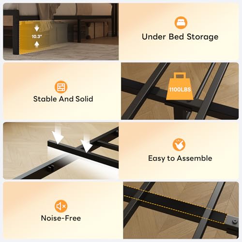 Image of LIKIMIO Full Bed Frame with Storage Headboard and LED Lights, Metal Platform Bed with Charging Station, Noise Free, No Box Spring Needed, Under Bed Storage, Natural and Cream