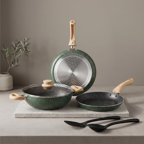 Image of Crystal Aluminum 6 Pcs Non Stick Cookware Set with Induction Bottom | Tawa, Fry Pan, Kadhai with Lid, Laddle & Spatula | Durable 4 Layer Non Stick Coating | Military Green