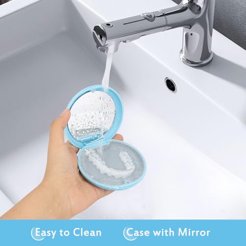 2 Pack Zahnspangendosen mit Spiegel, Schlanke Aligner Hüllen, Magnetverschluss für kieferorthopädische Aufbewahrungsboxen, Zahnschienen Box mit Halter Entferner und Bürsten. (Blau-Blau)