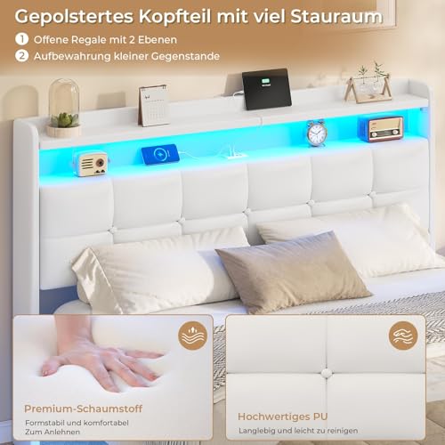 Miniatura 7 de Aogllati Cama De Matrimonio De 140 X 190 Cm Con Efecto Visual Levitante, Estructura De Cama Con Led Y Estación De Carga, Cama Con Cabecero Acolchado Y Estructura De Metal, Sin Colchón, Color Blanco