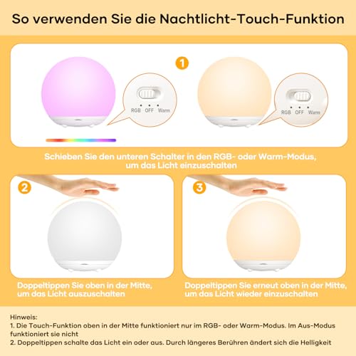 Nachtlicht Kinder, Nachttischlampe mit Touch-Steuerung, dimmbare RGB-Nachtlampe mit Speicherfunktion, 7 Farboptionen, Timerfunktion, USB-aufladbar, geeignet für Kinderzimmer, Camping und als Geschenk