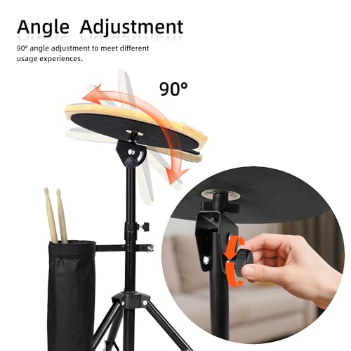 12 Inch Practice Drum Pad with Stand, Sticks and Drum Stick Bucket, Beginner Snare Drum Pad with Drumsticks(one pair) and Carrying Bag, Double Sided Silent Drum Pad (Gray)