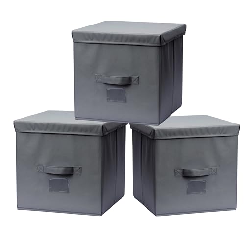 Augfox Set de 3 Cubo Plegable con Tapa - Baul Juguetes Infantil, Cajas Almacenaje Ropa, Solución Perfecta Organizador Armario para Juguetes, Ropa (Gris Oscuro, 32x32x32cm)