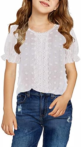 Dokotoo Girls Cute Round Neck Ruffle Short Sleeve Princess Shirts Solid Color Lace Crochet Pom Pom Loose Soft Puff Chiffon Boho Blouses for Teen Girl Tunic Tops Size 10-11 White