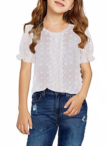 Dokotoo Baby Girls Cute Round Neck Ruffle Short Sleeve Princess T Shirts Solid Color Lace Crochet Pom Pom Loose Soft Chiffon Boho Blouses for Teen Girl Tunic Tops Size 8-9 White