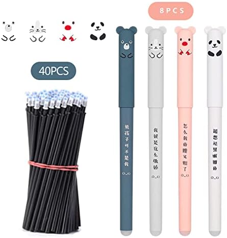 8PCS Erasable Pens With 40Pcs Refills 0.35mm Black Ink Gel Rollerball Cute Cartoon Animal Pens for Kids Students School Study Supplies