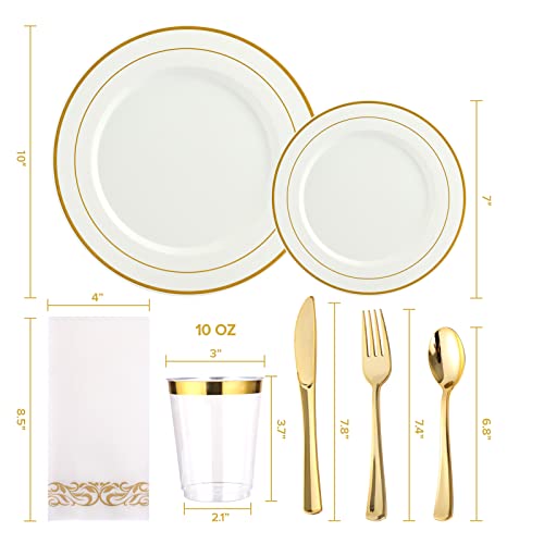 175 Piece Gold Dinnerware Set 25 Guest-50 Gold Rim Plastic Plates-25 Gold Plastic Silverware-25 Gold Plastic Cups-25 Linen Like Gold Paper Napkins, Focusline Disposable Dinnerware Set #TOP5