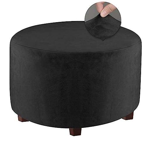Dujuike Round Ottoman Cover Slipcover, Ottoman Slipcover Protector For Foot Stool Footrest Furniture Stretch Velvet Fabric With Elastic Bottom (Black, Medium (Diameter:20-23", Height: 17-18")) #TOP7