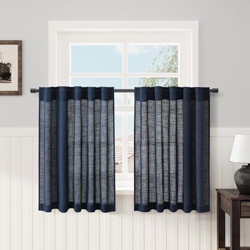 Nanspring Linen Cafe Tier Curtains 30 Inch Long for Kitchen Navy Blue