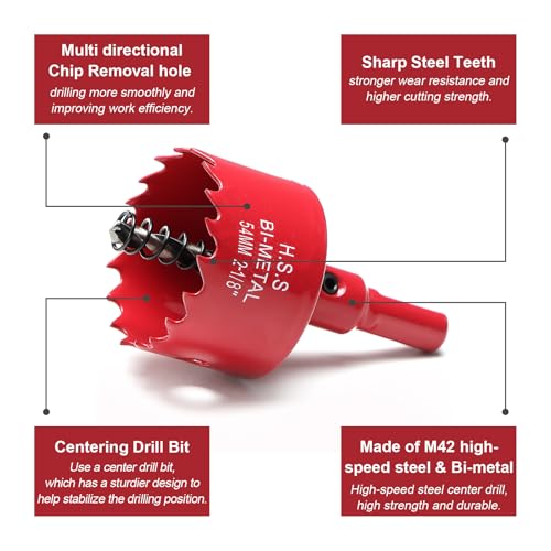 Image of 2-1 /8 Inch Hole Saw for Wood, 54mm HSS BI-Metal Hole Saw for Recessed Lighting, 30mm Cutting Depth Hole Cutter with Hex Shank Drill Bit Adapter for Cornhole Boards Plastic Drywall Fiberboard, Red