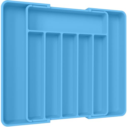Aujen Silverware Organizer - Expandable Kitchen Drawer Organizer, Adjustable Utensil Organizer, Cutlery Tray for Forks, Knives, Multipurpose Kitchen Organizers and Storage Solution, Dark Blue, Large