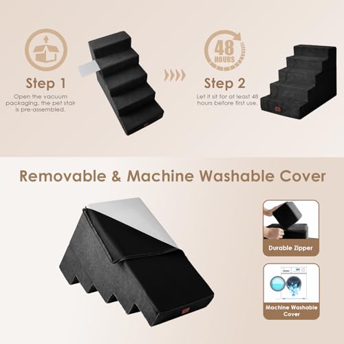 Image of EHEYCIGA Dog Stairs for High Bed 25 inch H, 5-Step Extra Wide Dog Steps for Bed, Pet Steps for Small Dogs and Cats, Non-Slip Balanced Pet Ramp Indoor, Black