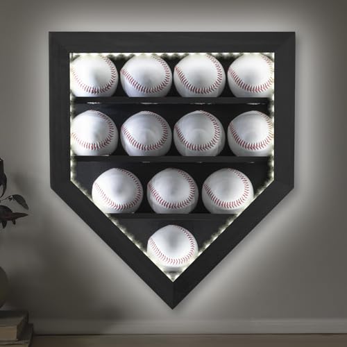 GYaozii Baseball Display Case with Light, LED Baseball Holder Shadow Box for 12 Baseballs Display, HD Acrylic Front UV Protection,Wooden Frame for Collecting Autographed Balls Exquisite Souvenirs