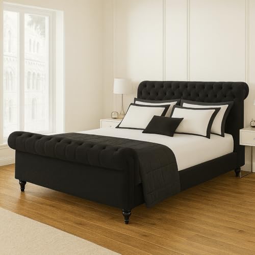 Bed Croft Chesterfield Sleigh Bed - Upholstered in Plush Velvet Fabric - Mattress/Gas Lift Option - Uk Made - Double/King/Super King (Black Plush, Super King 6ft Bed Frame)