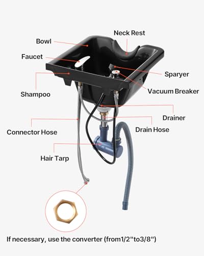 VEVOR Mobiles Waschbecken Friseur ABS-Kunststoff Friseur Waschbecken Abmessung 47 x 4 6X 25 cm, Schwarze Rückwärtswaschbecken, Verbreitet im Kosmetiksalon oder Bad, zu Hause oder oder im Badezimmer