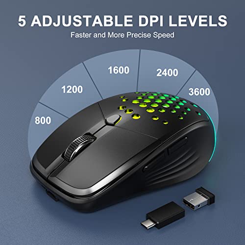 Uhuru Rechargeable Led Wireless Mouse, 2.4G Silent Mouse 5 Adjustable Dpi Up To 3600, 6 Buttons Computer Mice With Usb & Type-C Adapter, Compatible With Windows Mac Chromebook (Black) (Ugm-01) #TOP3