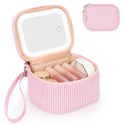 Relavel Mini Makeup Bag with Led Mirror with 3 Light Modes, Pink Strip