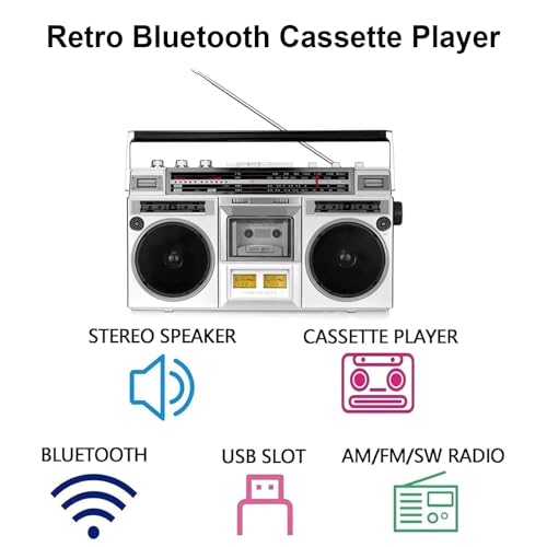 Boombox portatile - Lettore CD, cassette e radio stereo Bluetooth con ingresso SD/USB e registratore a nastro, per riunioni di famiglia e viaggi