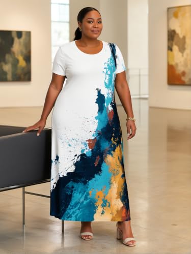 Image of PinkPatty Plus Size Dress for Women Casual Crew Neck Short Sleeve Maxi Dress Oversized Summer Beach Dresses with Pockets