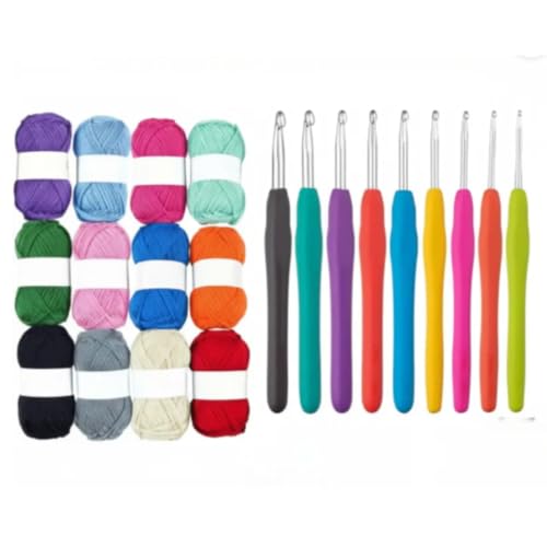 Image of KHUSHA CREATIONS Wool Yarn Pack of 12 with Crochet Hooks Set of 9 | Multicolor Knitting Yarn Oon Balls with Ergonomic Crochet Needles | DIY Crochet Knitting Kit for Beginners, Crafts & Hobby Projects