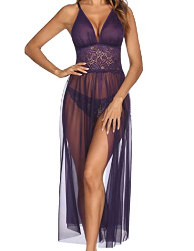 Avidlove Women Lingerie Lace Babydoll V Neck Chemise Halter Mesh Nightwear Sexy Long gown Lingerie Sheer Dress (M, Purple)